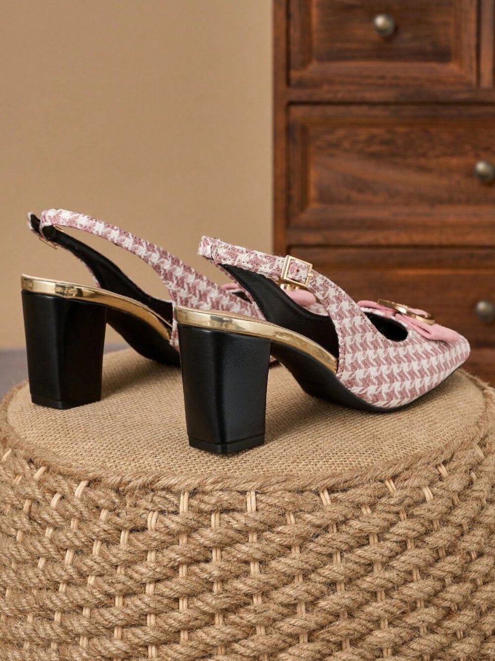 Pink Elegant Women' Soft Chunky houndstooth Heel Pumps - Picture 5 of 8